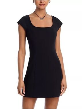 FRENCH CONNECTION Elegant Azra Twill Black Square-Neck Cap-Sleeve Mini Dress 6
